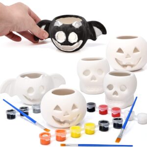 Gift Boutique Ceramic Pumpkins Skull Bat Figurines Paint Craft Kit Set of 6 Unpainted Ceramics Pumpkin Ready to Paint for Kids Classroom Fall Halloween Party Decor