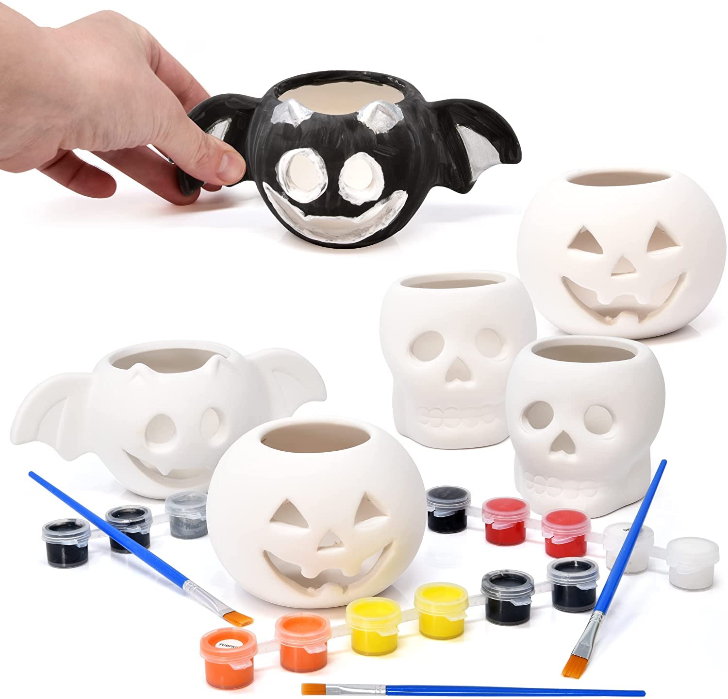 Gift Boutique Ceramic Pumpkins Skull Bat Figurines Paint Craft Kit Set of 6 Unpainted Ceramics Pumpkin Ready to Paint for Kids Classroom Fall Halloween Party Decor