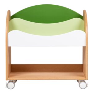 flying olly kids bookshelf, solid german beech wooden toddler bookcase with wheels, children books display shelf, baby books and toys storage rack, infant book cart for bedroom, playing room - green