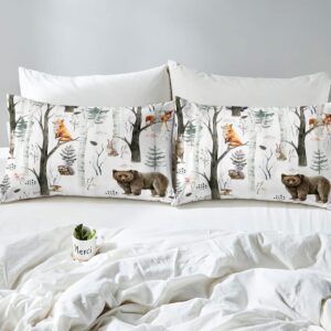 VIVIHOME 3PCS Cartoon Woodland Forest Animal Duvet Cover Full, White Bedding, Baby Boys Girls Kids Bedding, Bear Deer Fox Wolf Rabbit Wildlife Rustic Cabin Lodge Quilt Comforter Cover, 2 Pillowcases