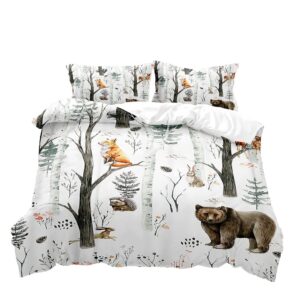 VIVIHOME 3PCS Cartoon Woodland Forest Animal Duvet Cover Full, White Bedding, Baby Boys Girls Kids Bedding, Bear Deer Fox Wolf Rabbit Wildlife Rustic Cabin Lodge Quilt Comforter Cover, 2 Pillowcases