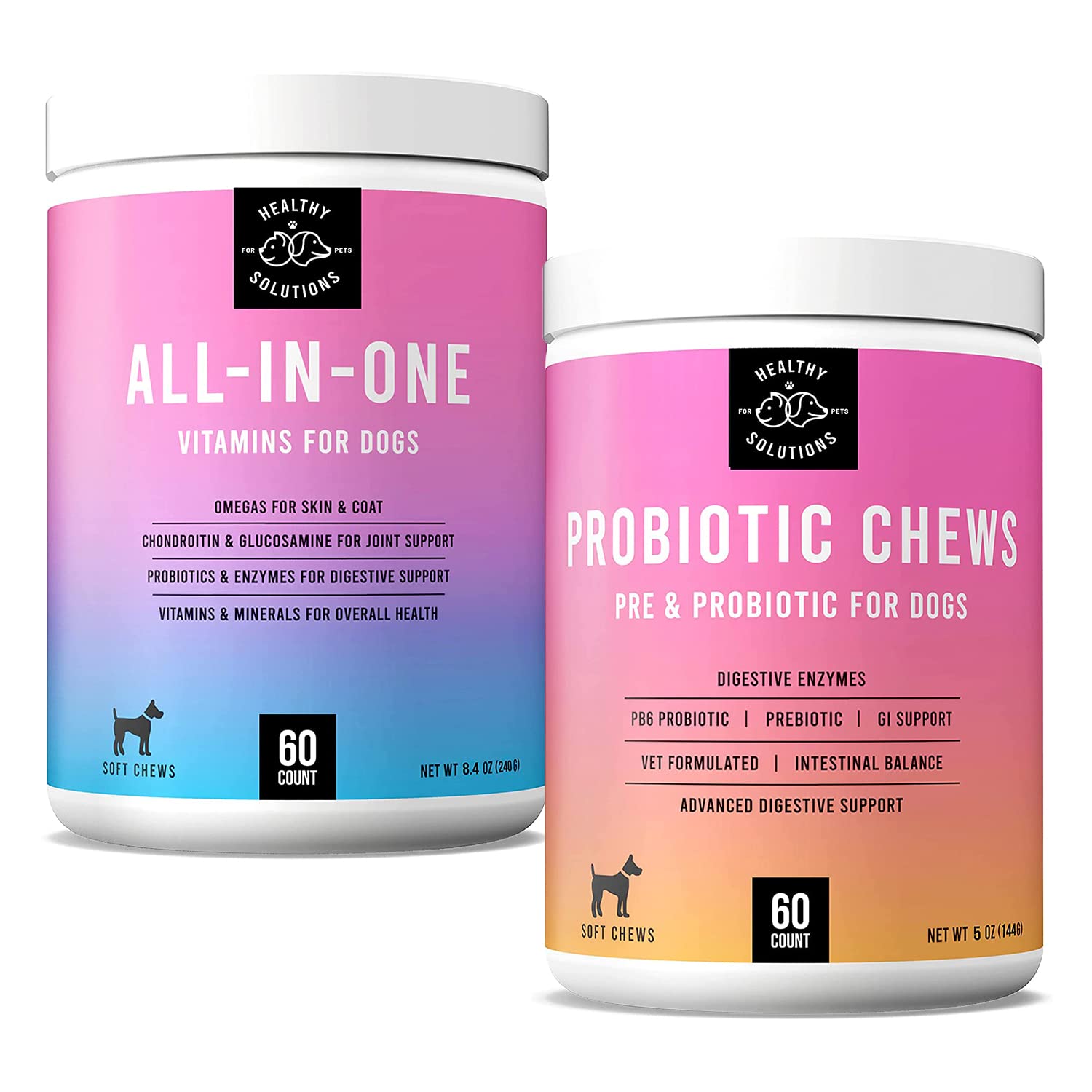 Probiotics for Dogs & Dog Multivitamin Bundle - 60 Soft Chews Each - Dog Probiotics and Digestive Enzymes with All-in-One Vitamins for Dogs - Vet Strength Pet Supplement - Made in USA