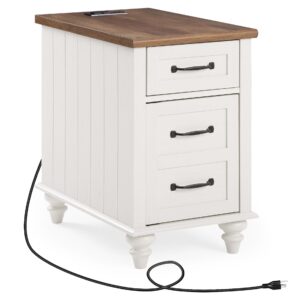 WAMPAT End Table with Charging Station, White Side Table with Storage Cabinet and Drawer, Wood Nightstand with Power Outlets & USB Ports for Bedroom, Living Room