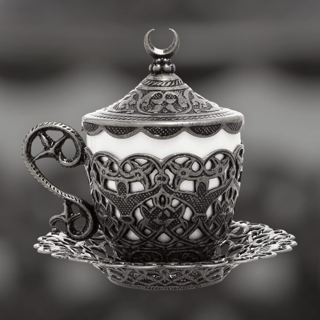 Alisveristime (1 Pc Turkish Coffee Cup - Traditional Design with Crescent Motif, Porcelain Cup and Saucer for Turkish, Greek, Arabic Coffee and Espresso (Gelincik) (Black)