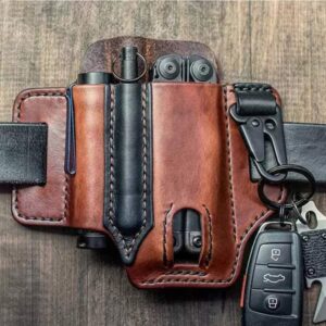 Handmade Leather Multitool Sheath, EDC Belt Pocket Organizer, Flashlight Holster, Storage Belt Waist Bag for Camping, Leatherman Sheath with Pen Holder, Key Fob (Black)