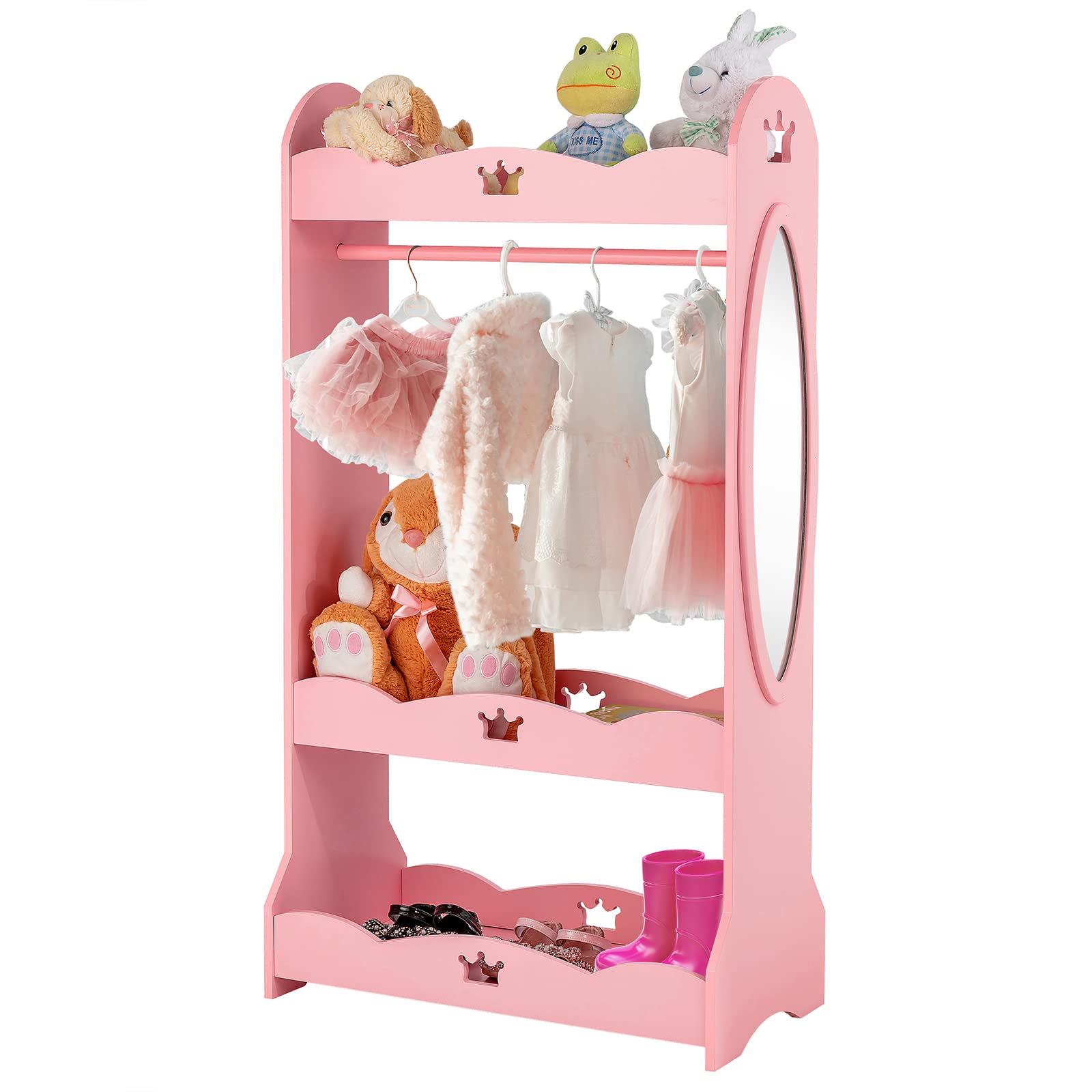 Costzon Kids Dress up Storage Wardrobe, Toddler Armoire Dresser Wardrobe w/Mirror & Cloth Hanger, Cute Crown Patterns, Pretend Costume Closet Toy Organizer, Perfect for Kids Bedroom, Playroom (Pink)