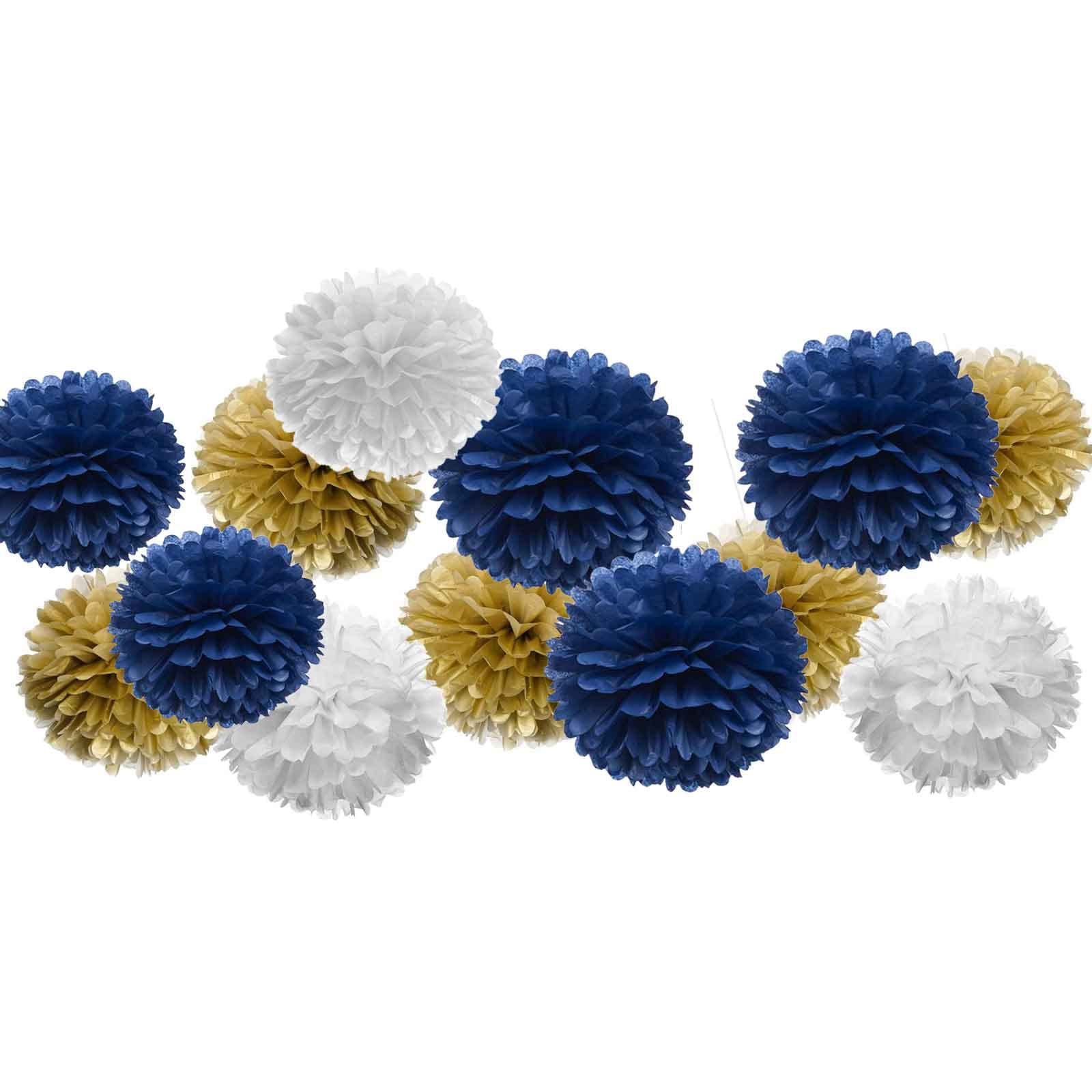 AIM & GGKK Paper Pom Poms Gold Gradient Navy Blue and White Tissue Hanging Paper Pom Poms,Flower Ball Wedding Birthday Party Decoration(12pcs,8"&10"&12")