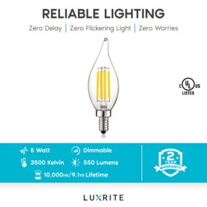 LUXRITE Vintage Candelabra LED Bulb 60W Equivalent, 550 Lumens, 3500K Natural White, LED Chandelier Light Bulbs 5W, Dimmable, Flame Tip Clear Glass, Filament LED Candle Bulbs, E12 Base (6 Pack)