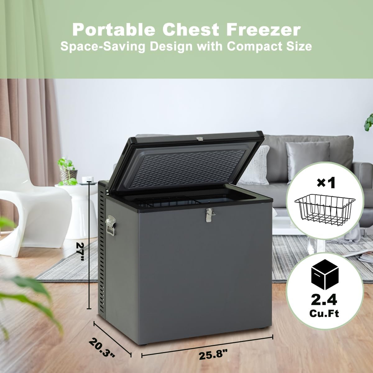 2.4 Cu.Ft. Propane Chest Freezer, 110V/12V/LPG Small Propane Freezer with Removable Basket and Lock, 3 Way RV Freezer for Outdoor, Camper Van, Home, Black