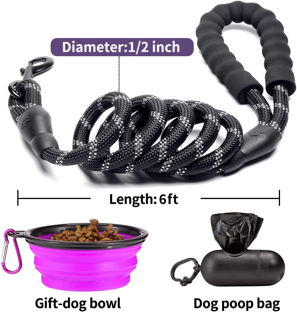 COOYOO 2 Pack Dog Leash 6 FT Heavy Duty - Comfortable Padded Handle - Reflective Dog Leash for Medium Large Dogs with Collapsible Pet Bowl Set 3-Black+Purple