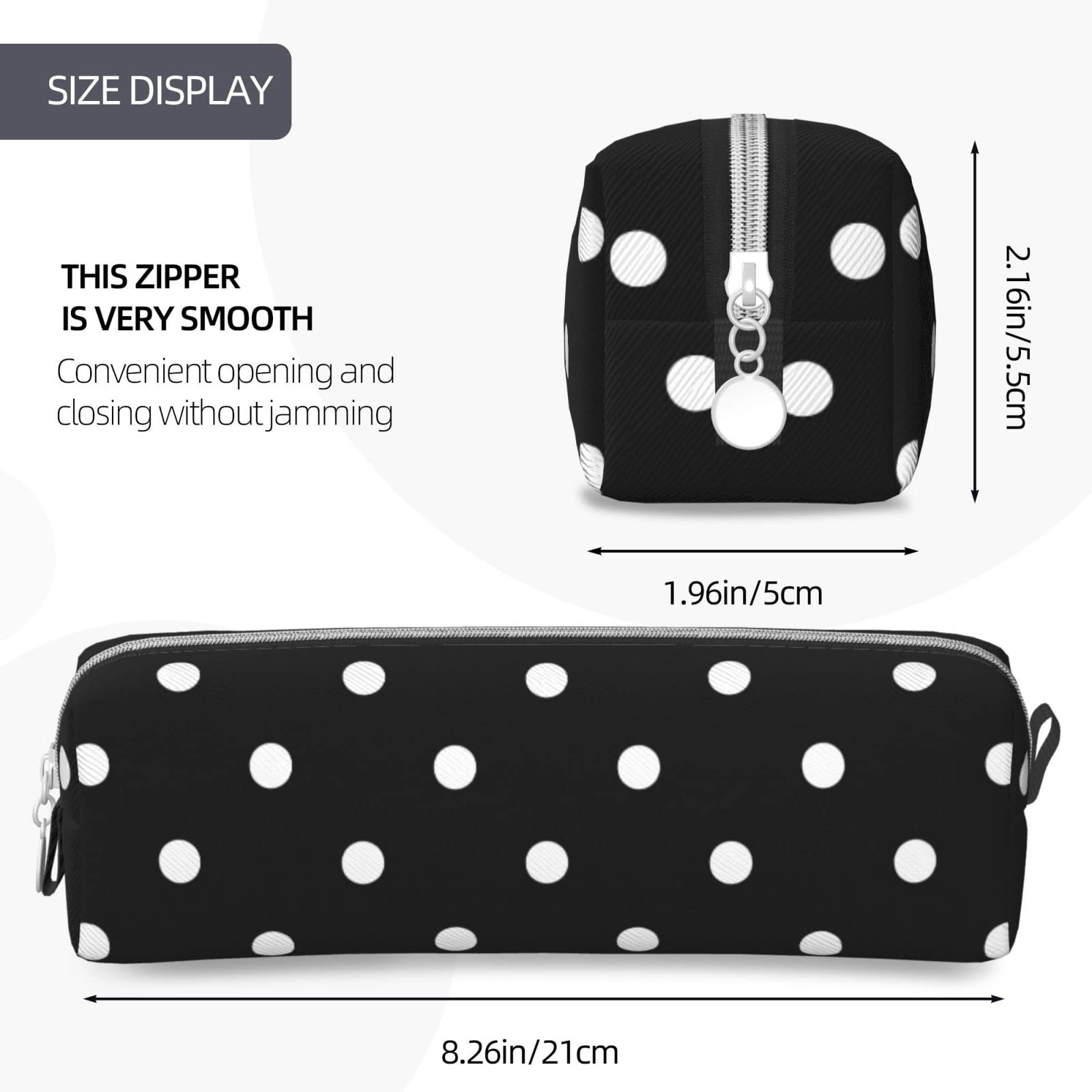 Ykklima Leather Pencil Case - Polka Dot Black and White Simple Pattern, Stationery Bag Pen Organizer Makeup Cosmetic Holder Pouch for School Work Office College