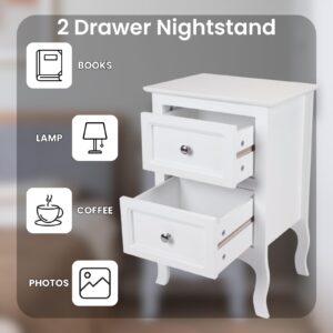 Karl home White Nightstand Set of 2. Farmhouse End Side Table Set of 2 Bedside Nightstands Chest with Drawers Small Night Stand with 2 Drawer and Solid Wood Legs for Bedroom, Living Room