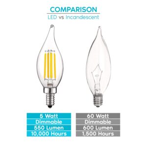 LUXRITE Vintage Candelabra LED Bulb 60W Equivalent, 550 Lumens, 3500K Natural White, LED Chandelier Light Bulbs 5W, Dimmable, Flame Tip Clear Glass, Filament LED Candle Bulbs, E12 Base (6 Pack)