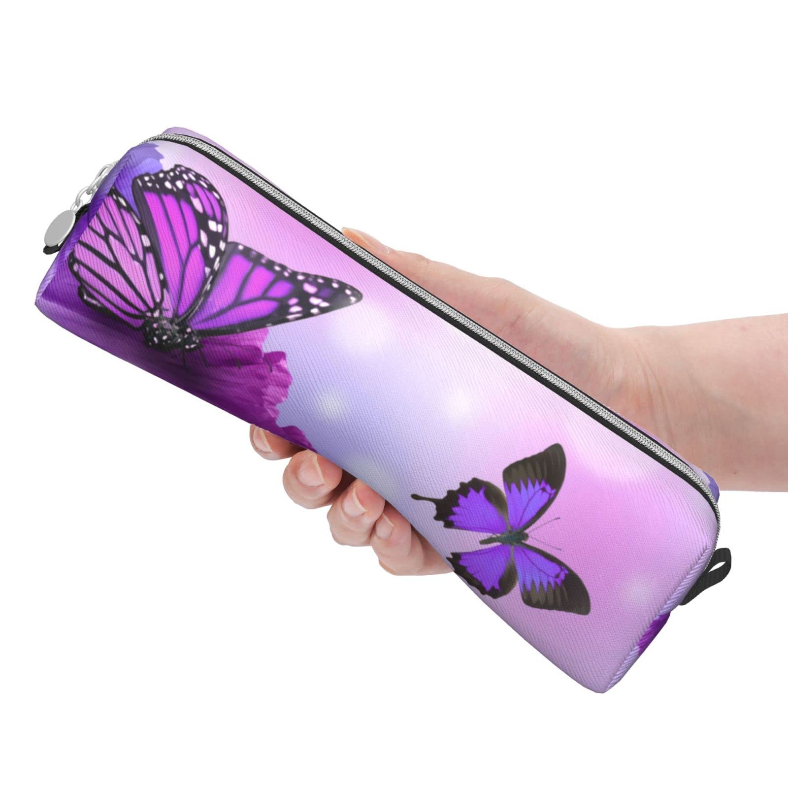 Ykklima Leather Pencil Case - Butterfly on Purple Flowers Pattern, Stationery Bag Pen Organizer Makeup Cosmetic Holder Pouch for School Work Office College