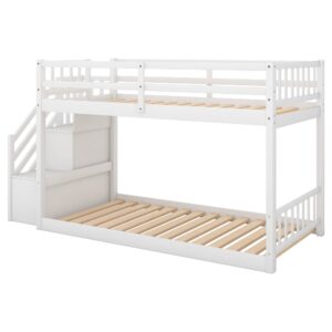 Merax Twin Over Twin Low Bunk Bed with Ladder and for Storage Staircase for Teens, Boys or Girls, No Box Sping Needed