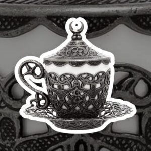 Alisveristime (1 Pc Turkish Coffee Cup - Traditional Design with Crescent Motif, Porcelain Cup and Saucer for Turkish, Greek, Arabic Coffee and Espresso (Gelincik) (Black)