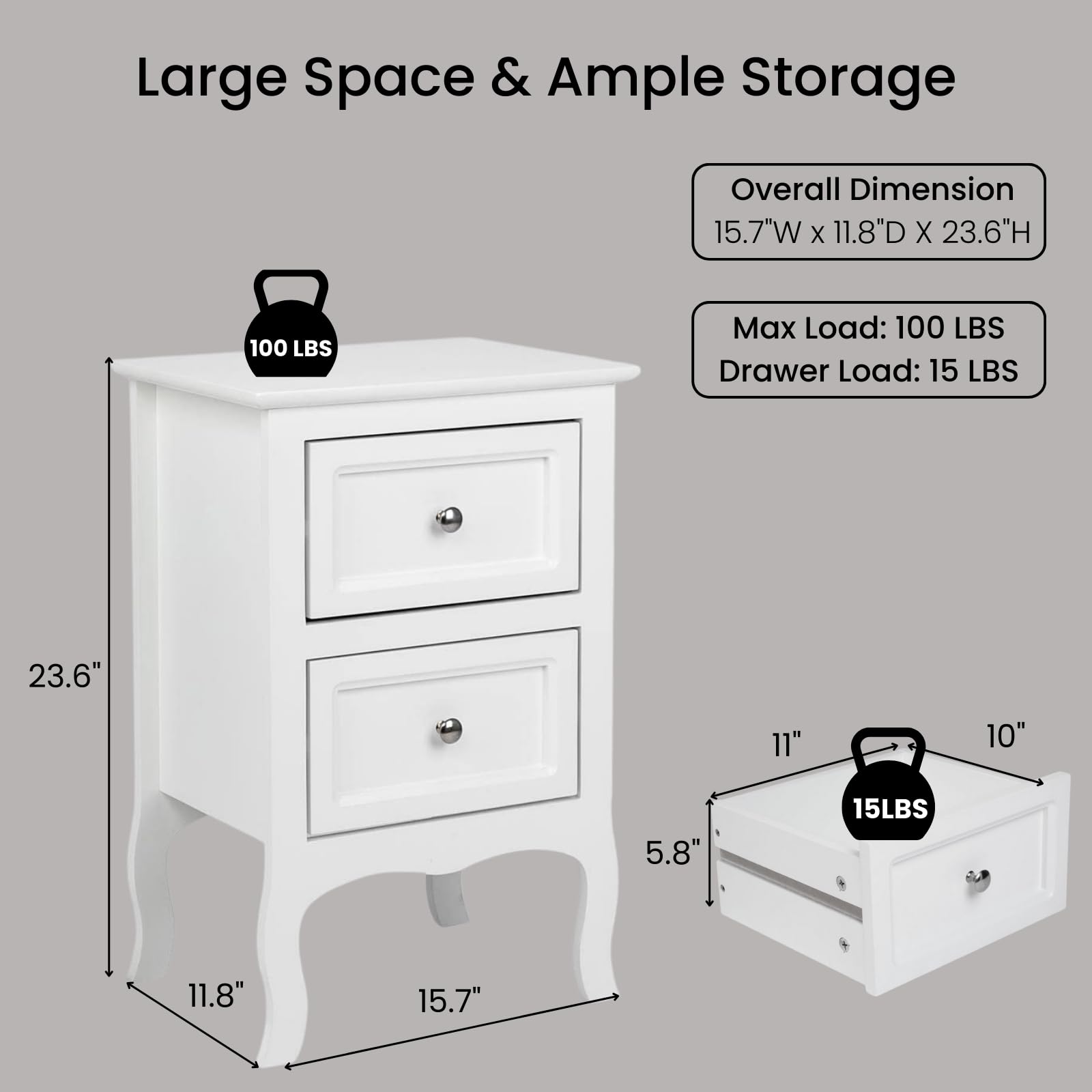 Karl home White Nightstand Set of 2. Farmhouse End Side Table Set of 2 Bedside Nightstands Chest with Drawers Small Night Stand with 2 Drawer and Solid Wood Legs for Bedroom, Living Room