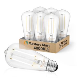 mastery mart e26 led bulb 60 watt equivalent, 5.5w clear edison bulbs, daylight white 4000k, cri 90+, 500 lumen, vintage st58 led light bulb for home non-dimmable, 6 pack