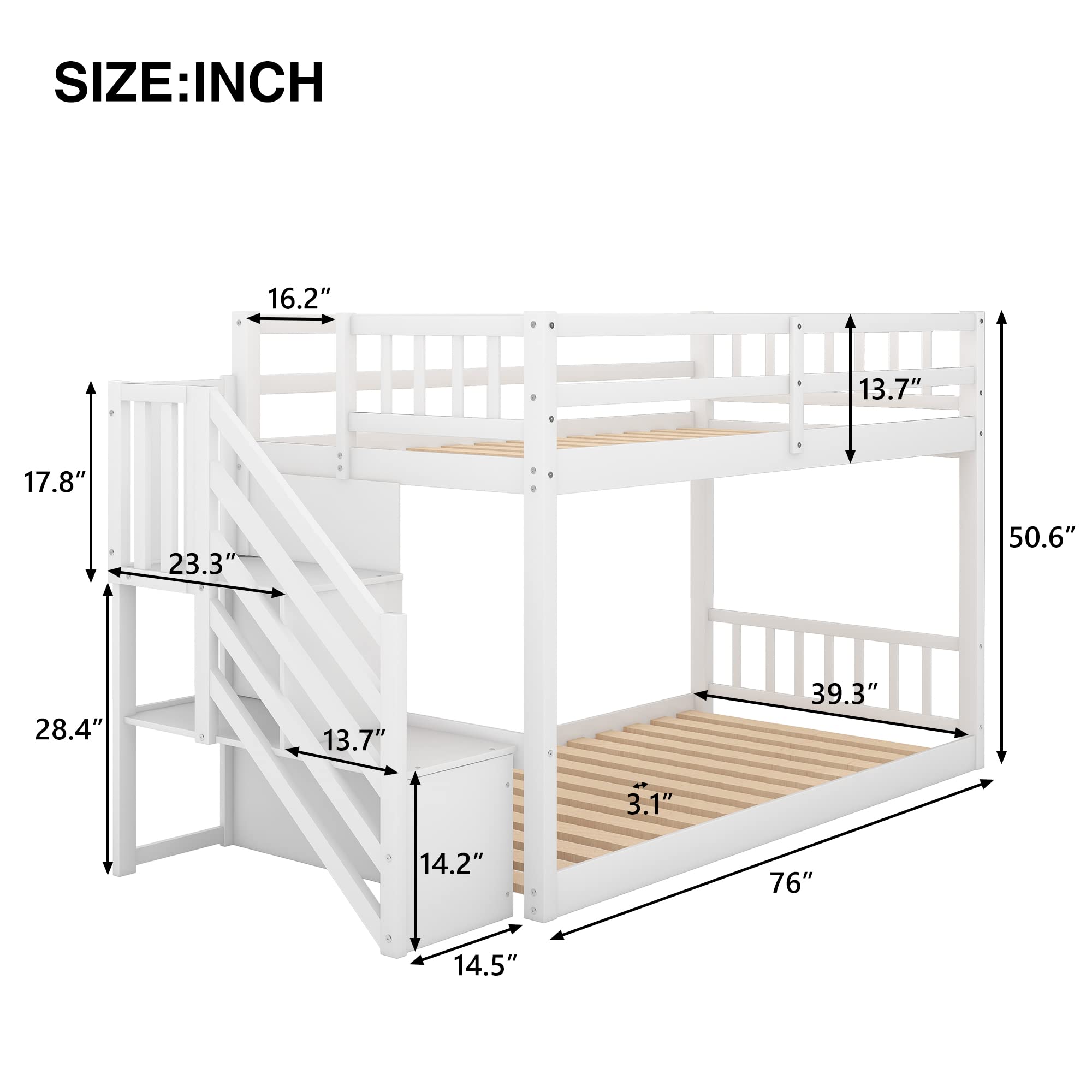 Merax Twin Over Twin Low Bunk Bed with Ladder and for Storage Staircase for Teens, Boys or Girls, No Box Sping Needed