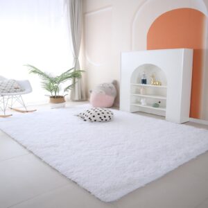 CAIYUECS Ultra Soft Shag Area Rug for Indoor, Kids Bedroom Living Room, Non-Skid Modern Nursery Faux Fur Fluffy Plush Rugs for Home Decor (5x7 Feet, White)