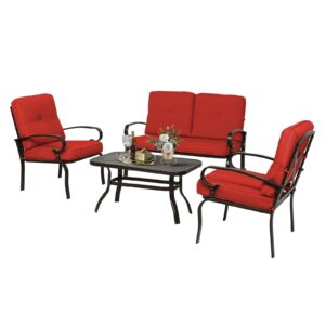 oakcloud 4pcs metal outdoor furniture patio conversation set (loveseat and coffee table, 2 dining chair) -wrought iron patio chair set with cushions (red)