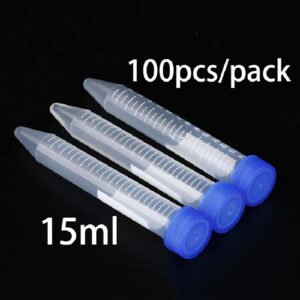 Conical Centrifuge Tubes 15ml, 100 Pcs Sterile Plastic Tubes with Screw Caps, Plastic Graduated and Write Marks Test Container, Non-Pyrogenic, DN/RNase Free (15ml-100pcs)