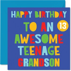 stuff4 fun 13th birthday cards for grandson - awesome teenage grandson 13 - happy 13th birthday card from grandpa grandma nanny, 5.7 x 5.7 inch thirteen thirteenth bday greeting cards gift