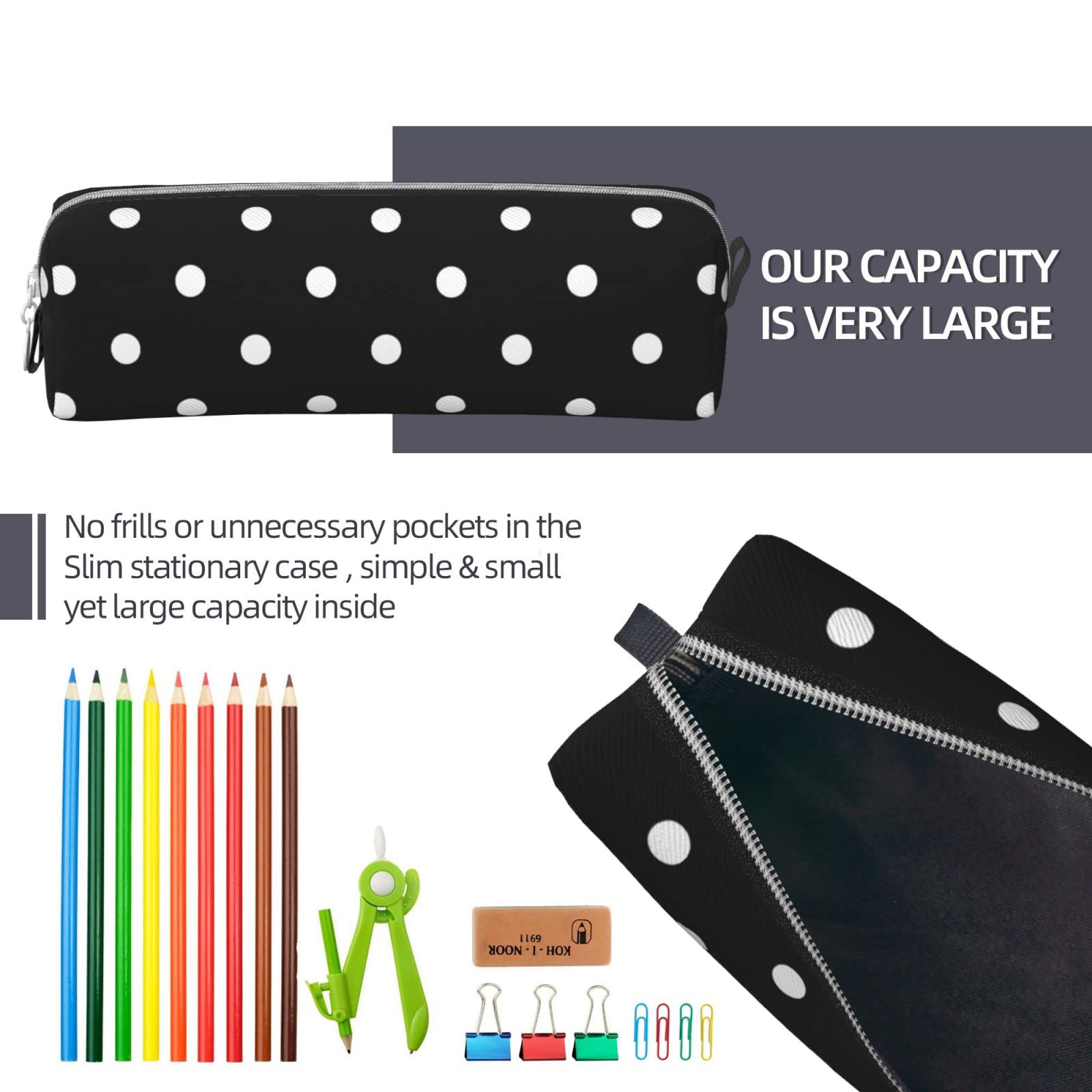 Ykklima Leather Pencil Case - Polka Dot Black and White Simple Pattern, Stationery Bag Pen Organizer Makeup Cosmetic Holder Pouch for School Work Office College