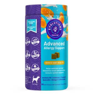 NaturVet Evolutions Advanced Allergy Support 90ct Soft Chews for Dogs - Omega-3, Anchovy Oil, Colostrum, Turmeric, Quercetin, Probiotic - Helps Maintain Normal Histamine Levels