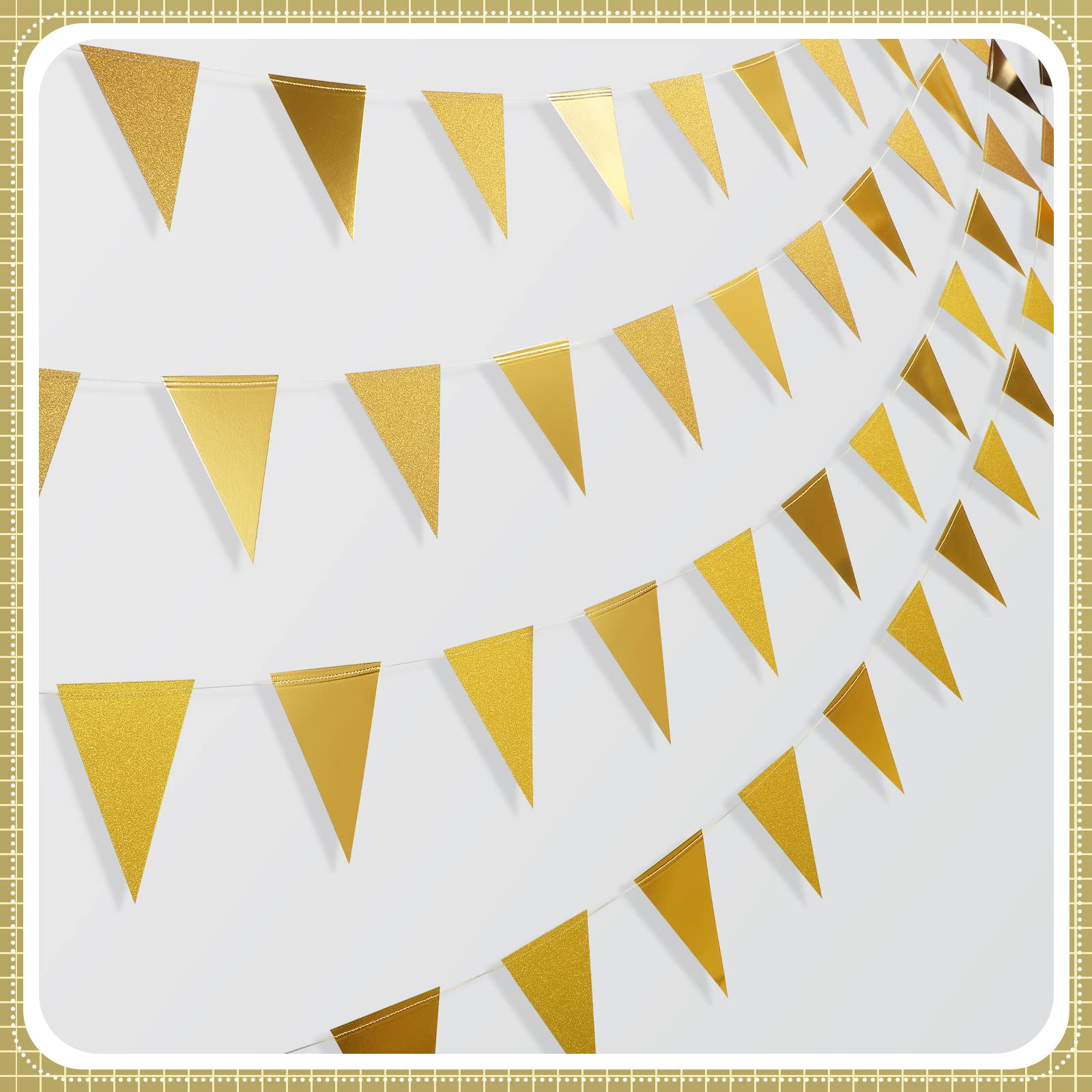 39 Ft Double Sided Glitter Metallic Paper Triangle Flag Pennant Bunting Banner for Wedding Birthday Holiday Festivals Anniversary Bridal Shower Hen Party Theme Party Decorations Supplies(Gold)