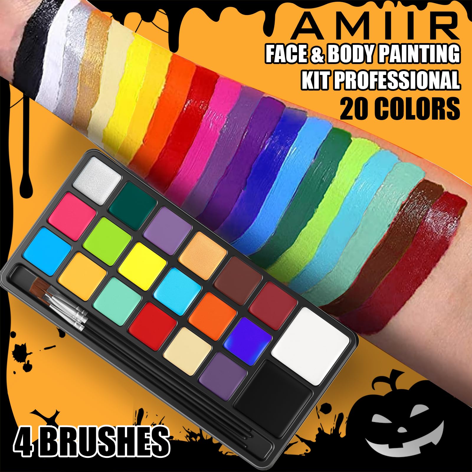 AMIIR Halloween Makeup Face Painting Kit SFX Look Cosplay Costume Birthday Party Fun Drawing Facepaint w/ Accessories (20-Colors)