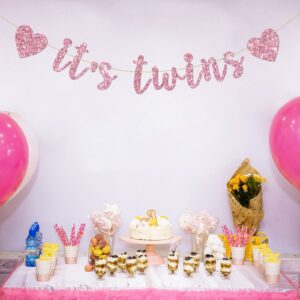 INNORU It's Twins Banner for Girls, Baby Shower Gender Reveal Party for Babies, Twin Girls 1st Birthday Party Decorations Supplies, Pink Glitter