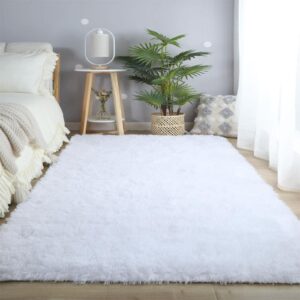 CAIYUECS Ultra Soft Shag Area Rug for Indoor, Kids Bedroom Living Room, Non-Skid Modern Nursery Faux Fur Fluffy Plush Rugs for Home Decor (5x7 Feet, White)