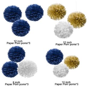 AIM & GGKK Paper Pom Poms Gold Gradient Navy Blue and White Tissue Hanging Paper Pom Poms,Flower Ball Wedding Birthday Party Decoration(12pcs,8"&10"&12")