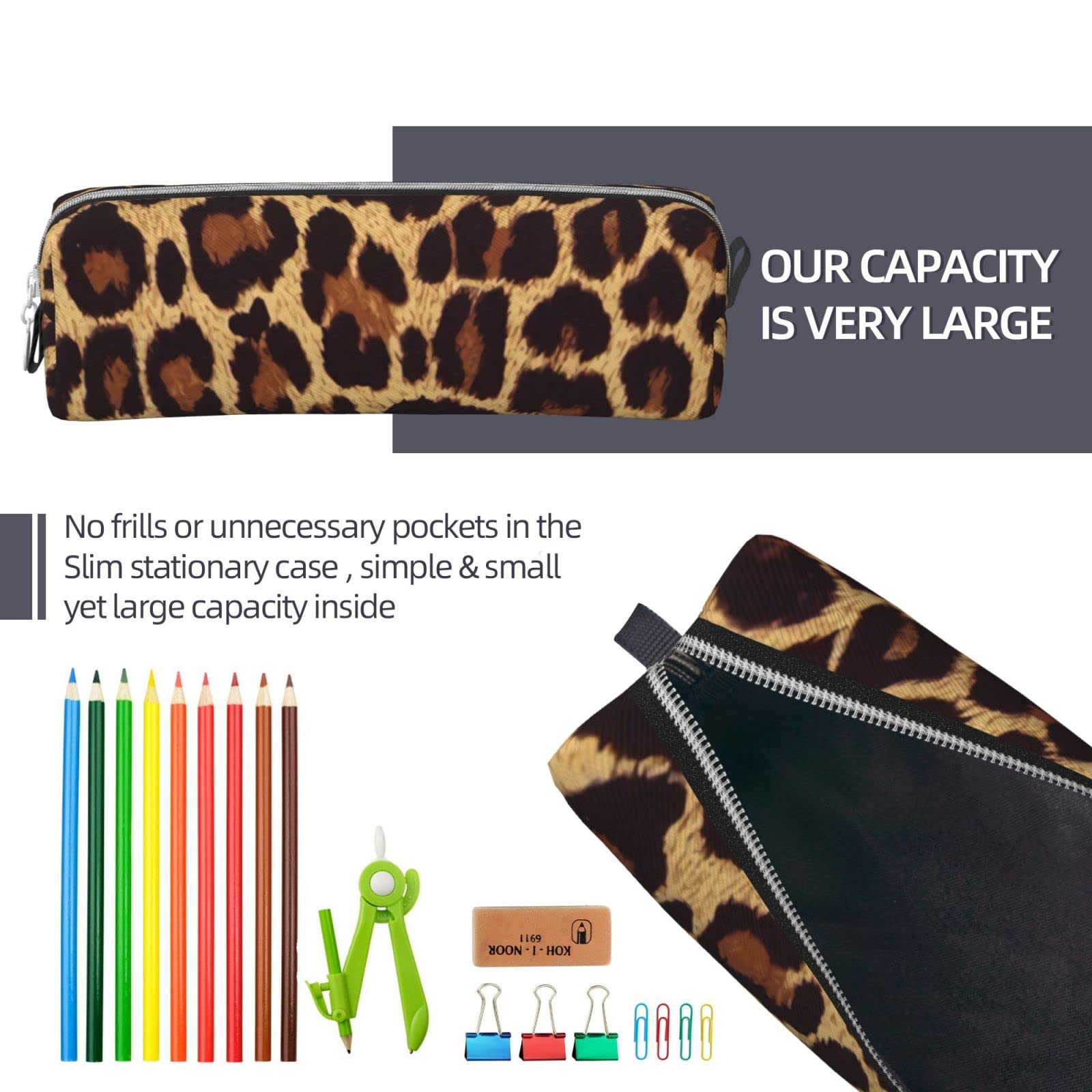 Ykklima Leather Pencil Case - Cool Cheetah Leopard, Stationery Bag Pen Organizer Makeup Cosmetic Holder Pouch for School Work Office College