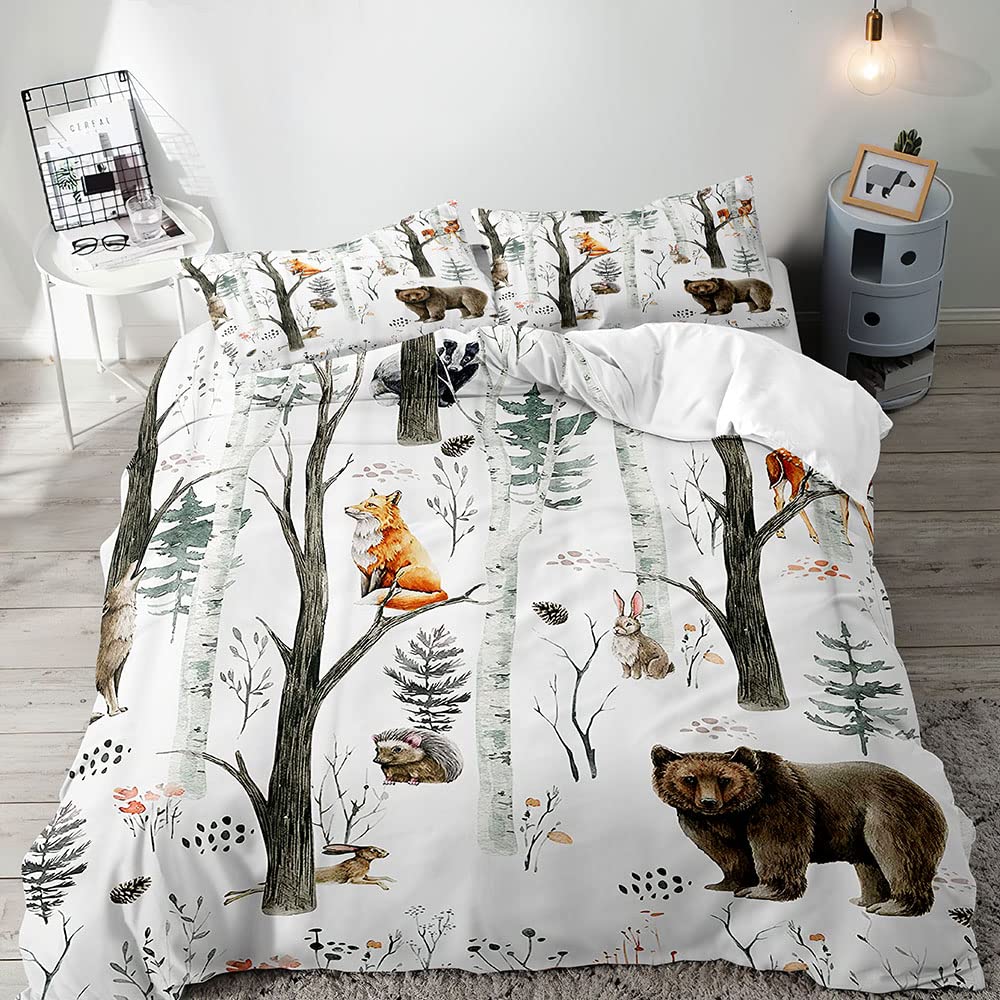 VIVIHOME 3PCS Cartoon Woodland Forest Animal Duvet Cover Full, White Bedding, Baby Boys Girls Kids Bedding, Bear Deer Fox Wolf Rabbit Wildlife Rustic Cabin Lodge Quilt Comforter Cover, 2 Pillowcases