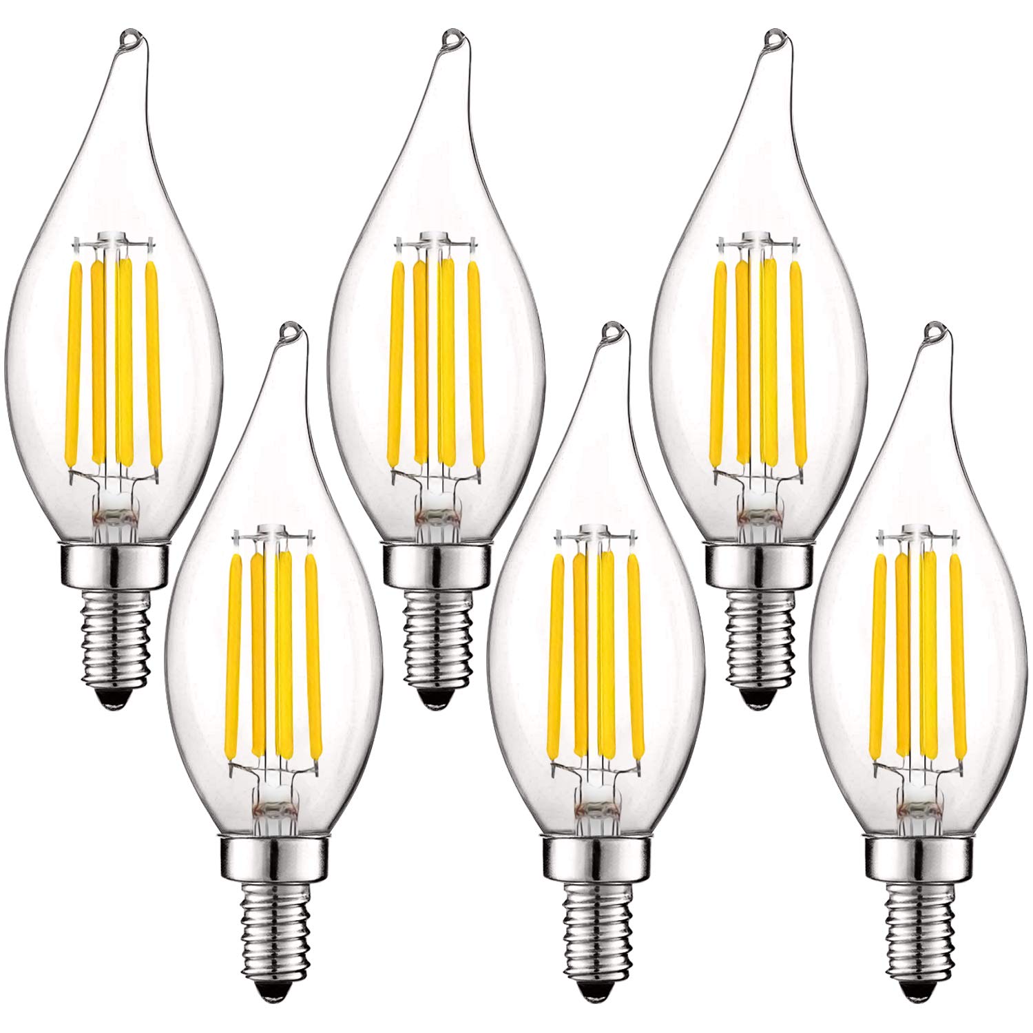 LUXRITE Vintage Candelabra LED Bulb 60W Equivalent, 550 Lumens, 3500K Natural White, LED Chandelier Light Bulbs 5W, Dimmable, Flame Tip Clear Glass, Filament LED Candle Bulbs, E12 Base (6 Pack)