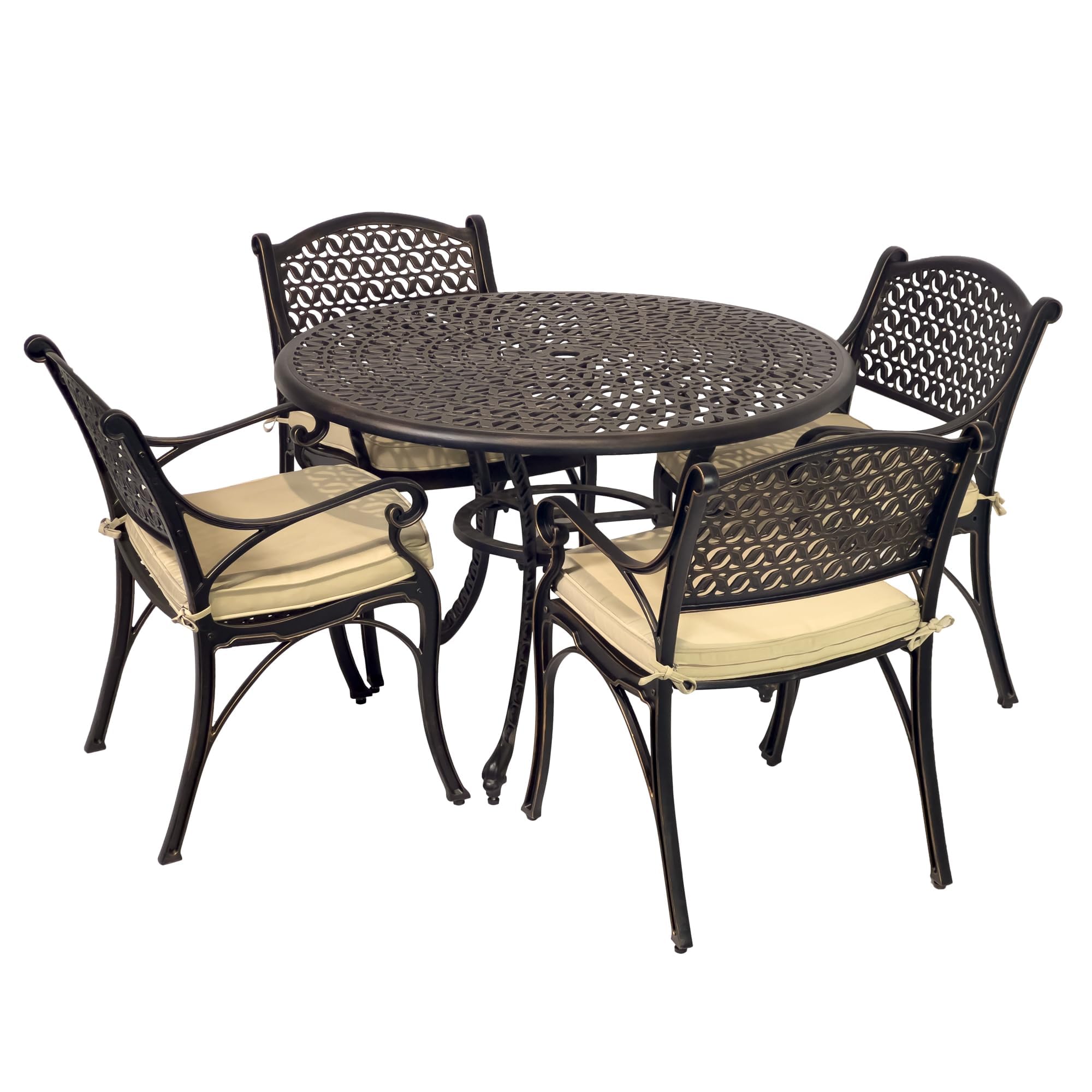 Kinger Home Harmon 5-Piece Cast Aluminum Outdoor Dining Set for 4 with Cushions - Elegant Round Patio Table and Chairs with Umbrella Hole, Bronze