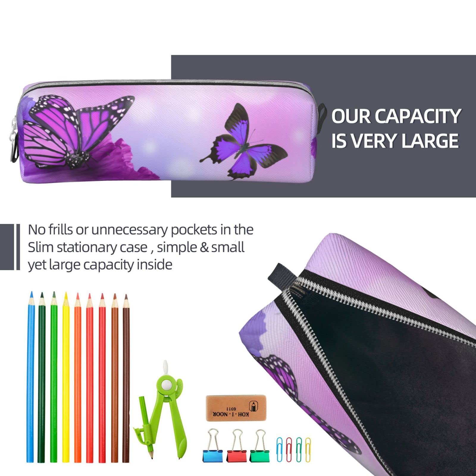 Ykklima Leather Pencil Case - Butterfly on Purple Flowers Pattern, Stationery Bag Pen Organizer Makeup Cosmetic Holder Pouch for School Work Office College