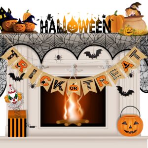 halloween banner burlap fireplace decor, halloween trick or treat burlap banner, multicolor halloween decorations banner for fireplace wall porch and party