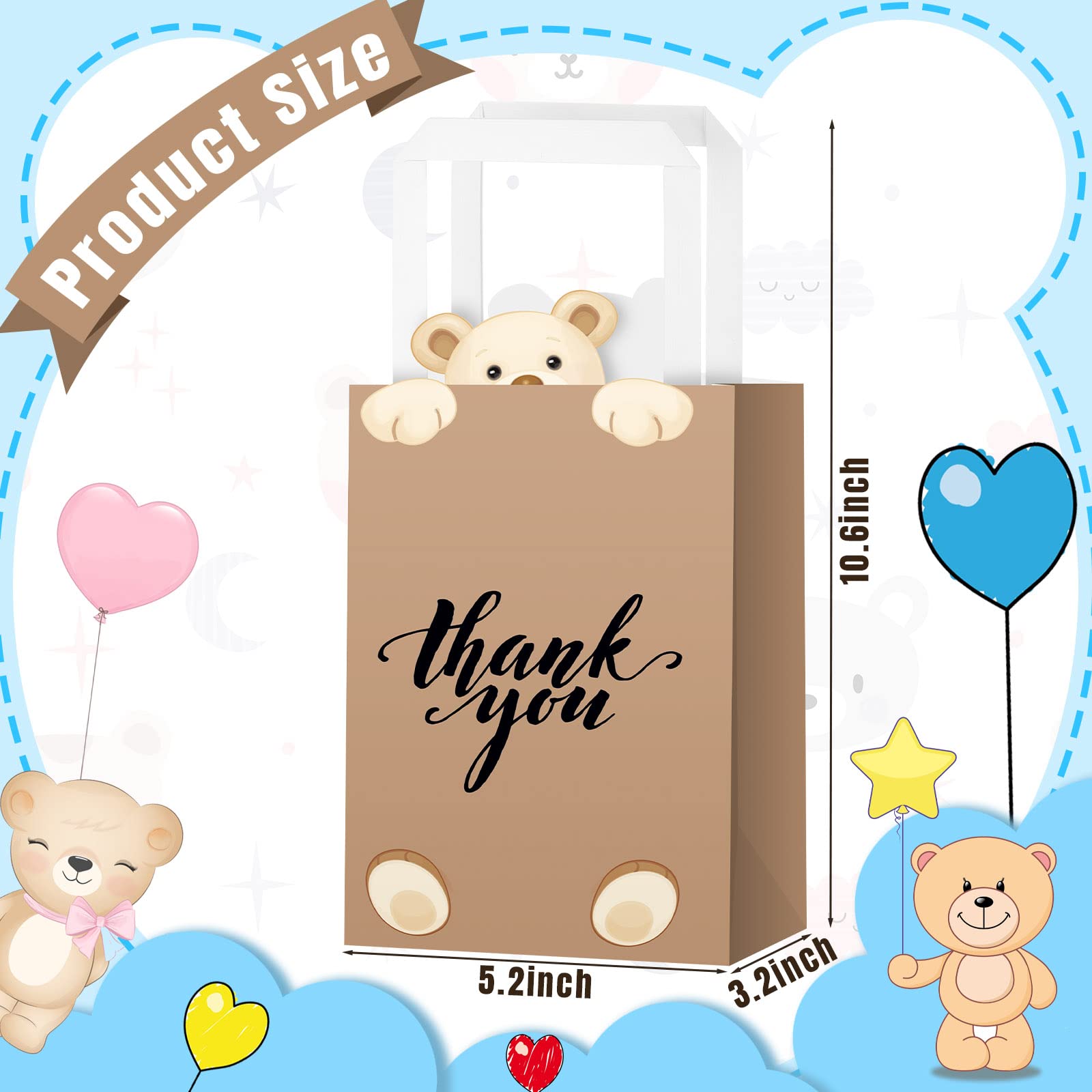 Eersida 16 Pcs Teddy Bear Gift Bags Baby Shower Bags Bear Birthday Decorations Thank You Paper Bags with Tissue Handles Brown Candy Treat Bags for Guests Wedding Kids Prizes School Party Supplies