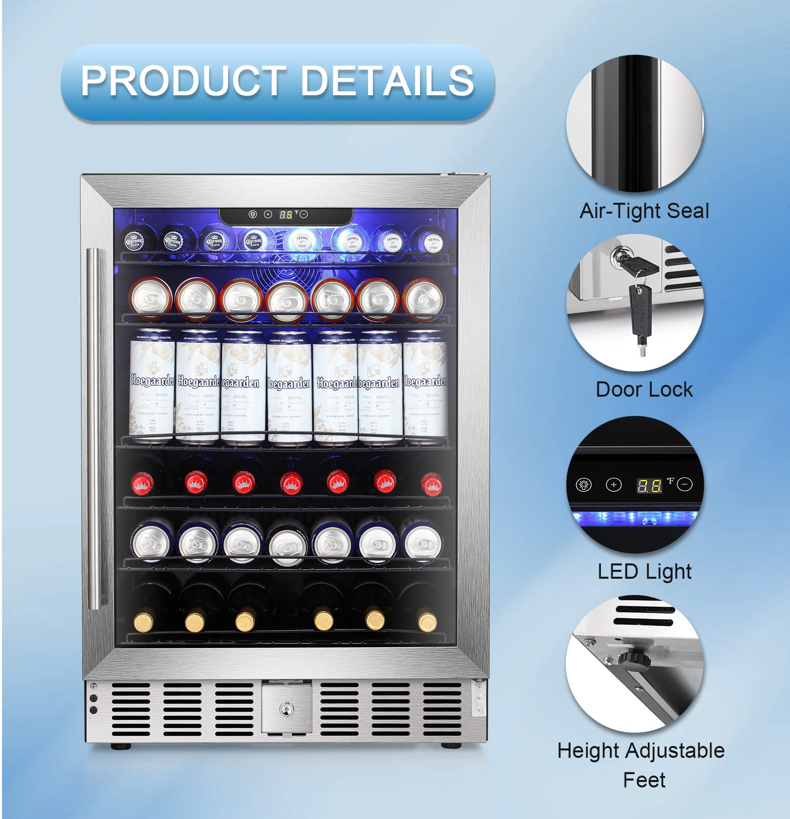 Antarctic Star 5.1 Cu.Ft Beverage Refrigerator,166 Can Wine Cooler,Low Noise,Transparent Glass Door, Efficient Cooling System with Safety Lock, for Home, Bar, Office, 24 Inch, Stainless Steel Silver