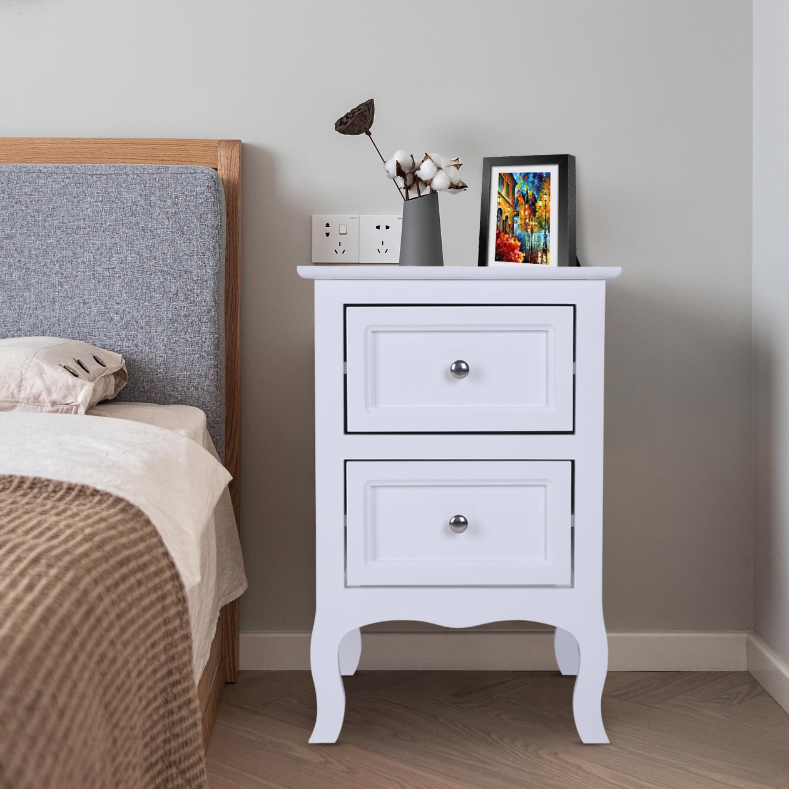 Karl home White Nightstand Set of 2. Farmhouse End Side Table Set of 2 Bedside Nightstands Chest with Drawers Small Night Stand with 2 Drawer and Solid Wood Legs for Bedroom, Living Room