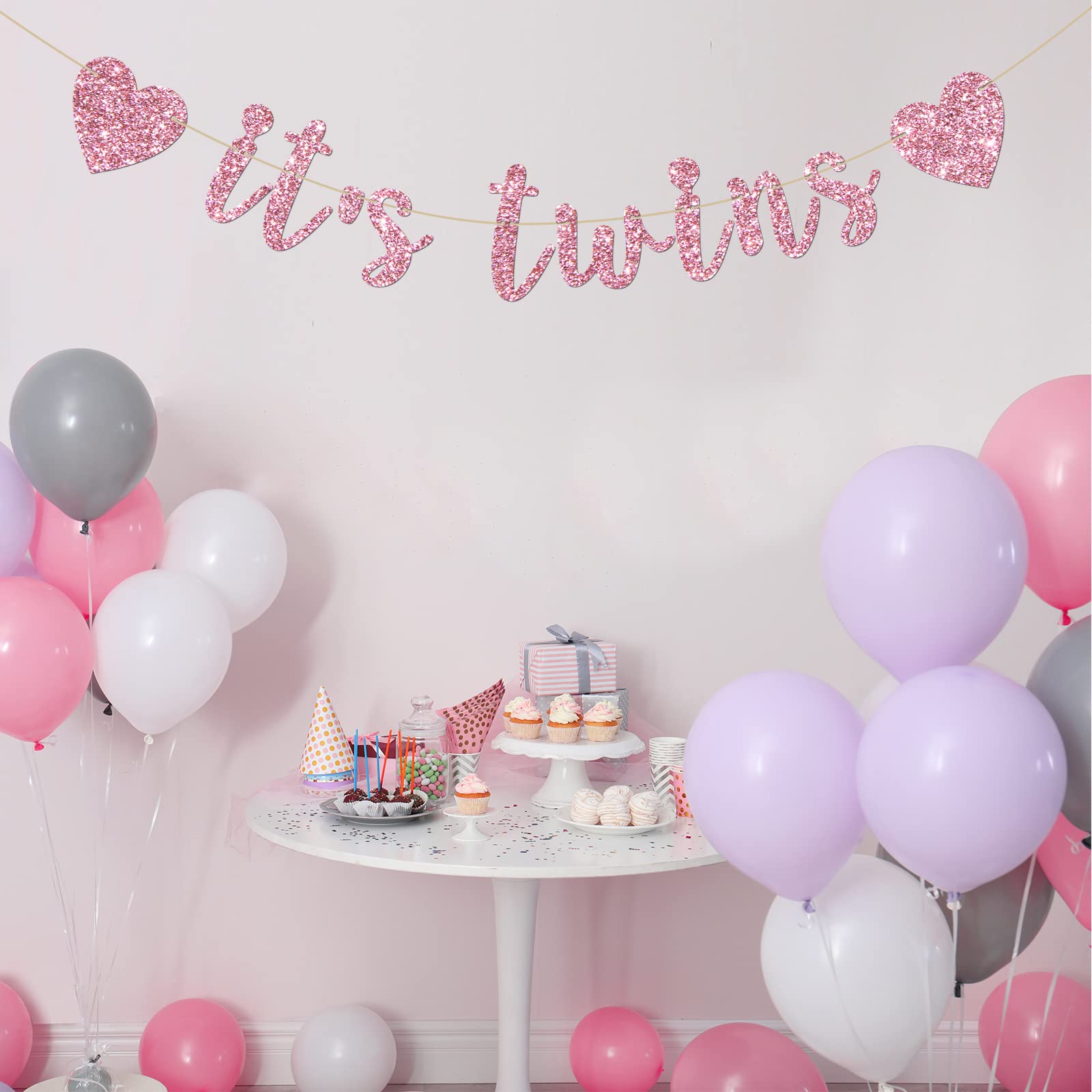 INNORU It's Twins Banner for Girls, Baby Shower Gender Reveal Party for Babies, Twin Girls 1st Birthday Party Decorations Supplies, Pink Glitter