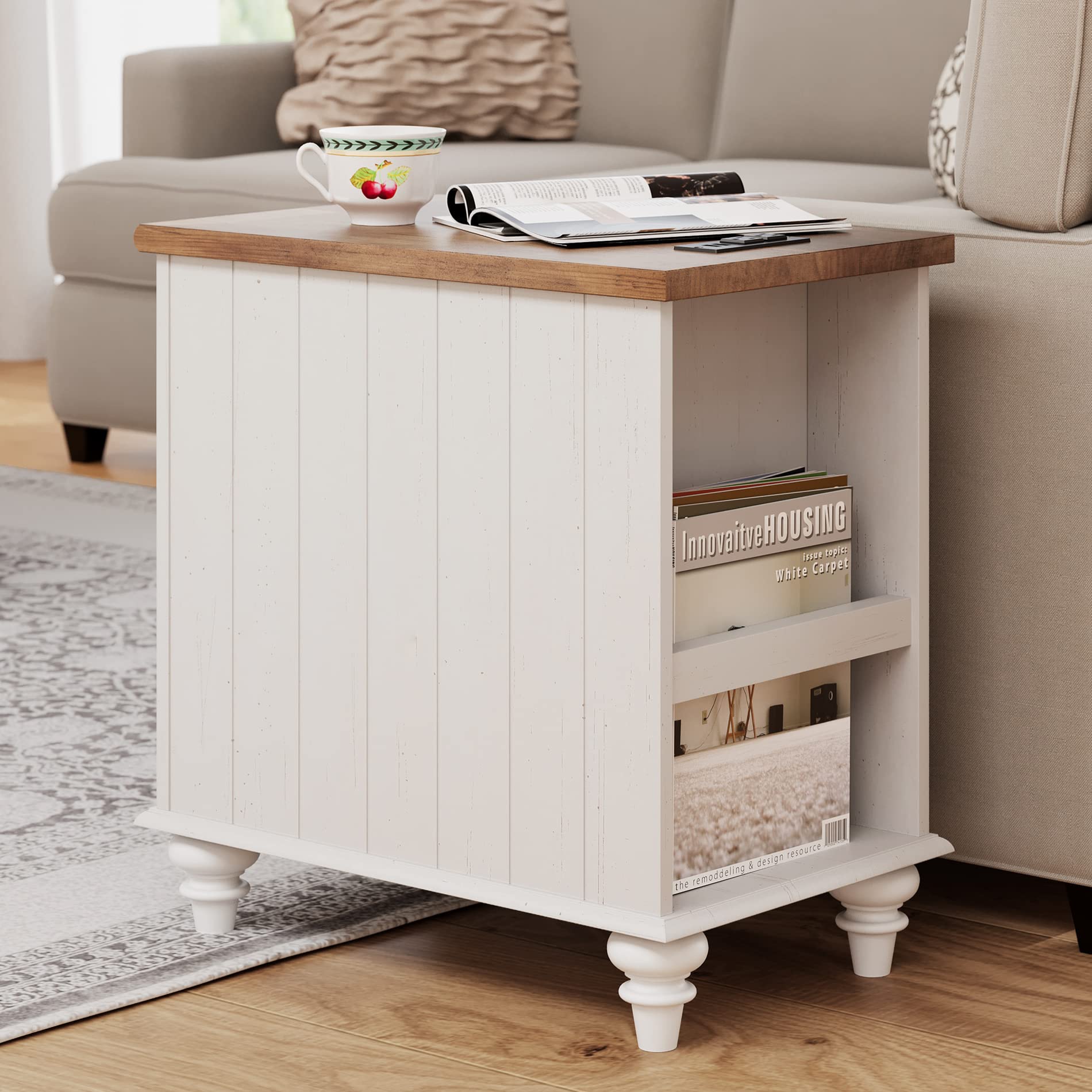 WAMPAT End Table with Charging Station, White Side Table with Storage Cabinet and Drawer, Wood Nightstand with Power Outlets & USB Ports for Bedroom, Living Room