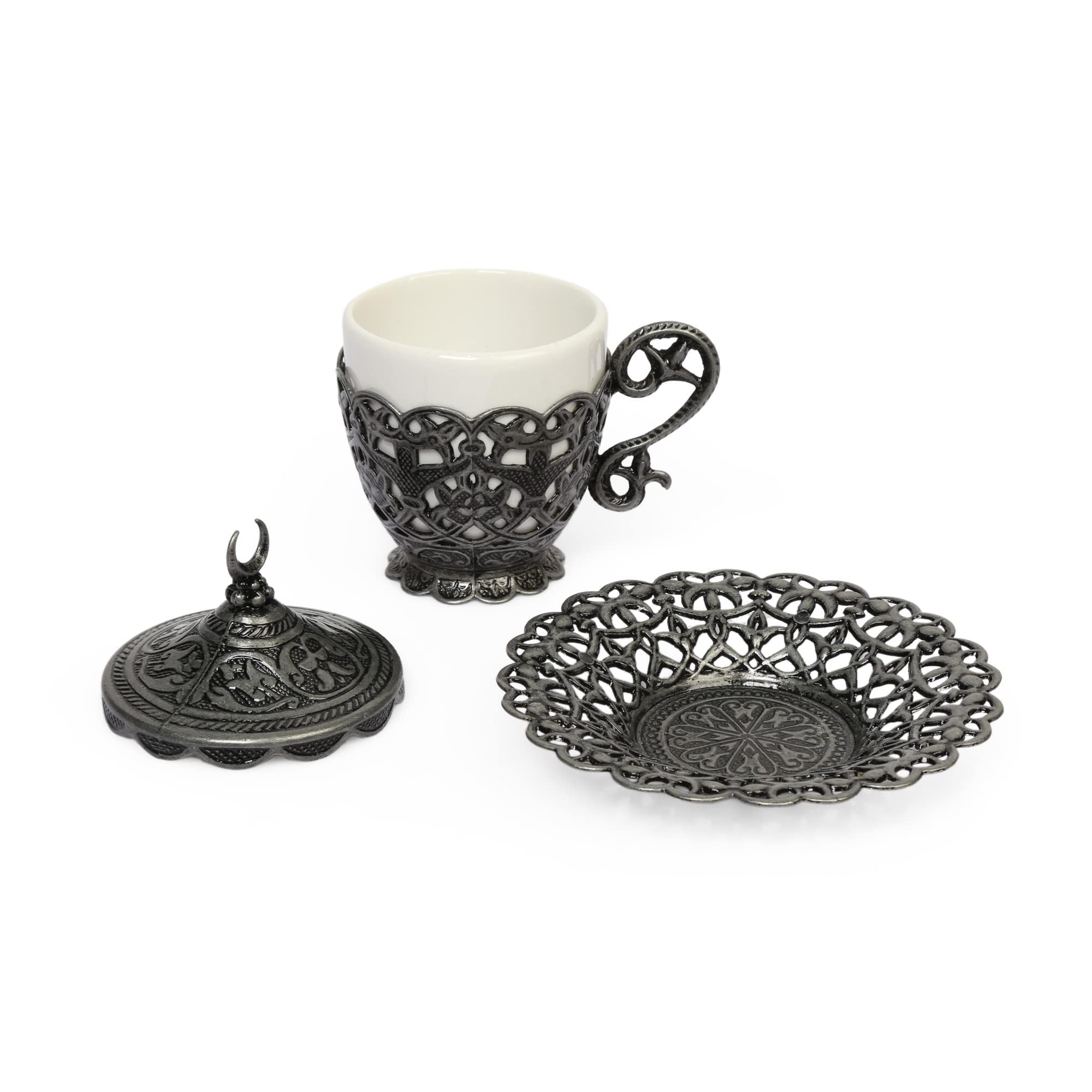 Alisveristime (1 Pc Turkish Coffee Cup - Traditional Design with Crescent Motif, Porcelain Cup and Saucer for Turkish, Greek, Arabic Coffee and Espresso (Gelincik) (Black)