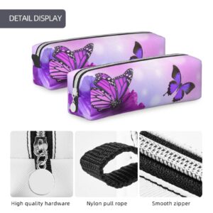 Ykklima Leather Pencil Case - Butterfly on Purple Flowers Pattern, Stationery Bag Pen Organizer Makeup Cosmetic Holder Pouch for School Work Office College