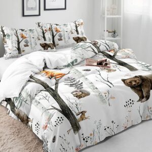 VIVIHOME 3PCS Cartoon Woodland Forest Animal Duvet Cover Full, White Bedding, Baby Boys Girls Kids Bedding, Bear Deer Fox Wolf Rabbit Wildlife Rustic Cabin Lodge Quilt Comforter Cover, 2 Pillowcases