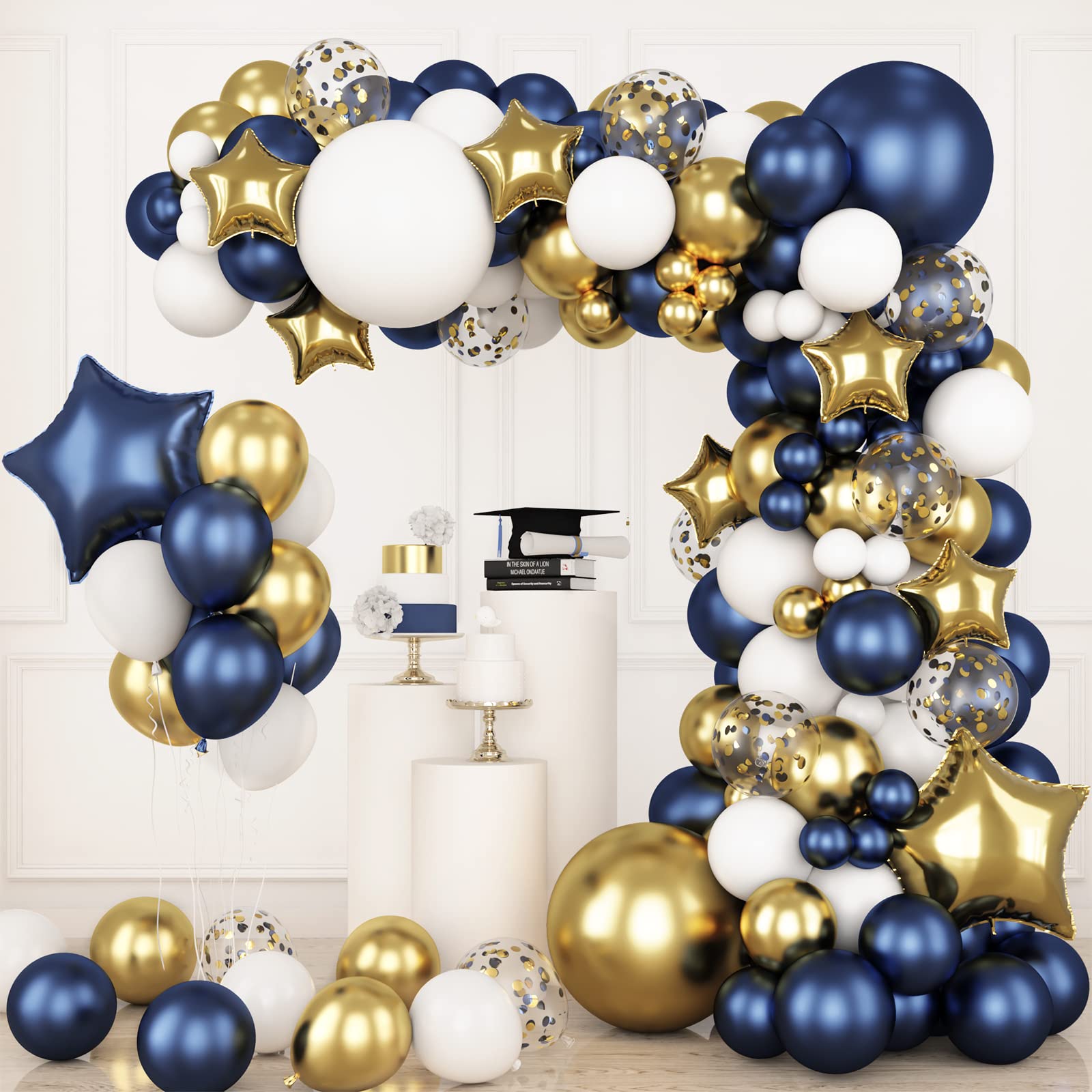 RUBFAC 176pcs Navy Blue Gold Balloons Arch Kit, Navy Blue Balloon Garland Metallic Gold White Confetti Balloon Foil Balloons for Baby Shower Birthday Party Wedding Anniversary Graduation Decoration