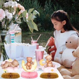 9 Pcs Bear Baby Shower Honeycomb Centerpieces Party Decorate Pink Little Bear Balloons Paper Topper Honeycomb 3D Table Decoration for Kids Party Baby Shower Party Supplies